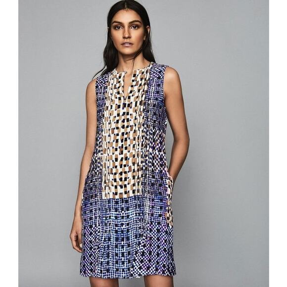 Reiss Saskia Sleeveless Shift Dress Size 2 Blue Abstract Tile - Picture 3 of 16